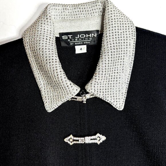 St. John Evening Black Knit Jacket w/ Crystal Trim & zipper/Rhinestone closure 4 - Picture 2 of 5